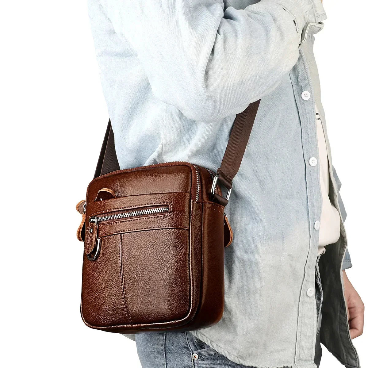 Men’s Leather Crossbody Bag - Padded Strap Front Pocket
