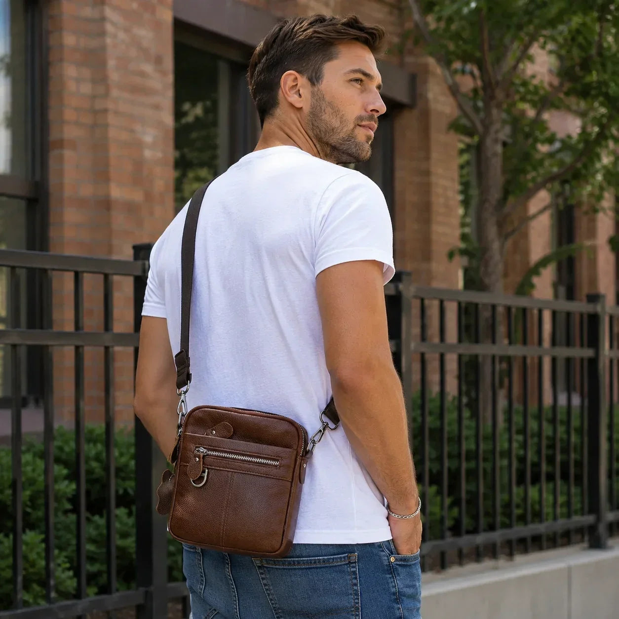 Men’s Leather Crossbody Bag - Padded Strap Front Pocket