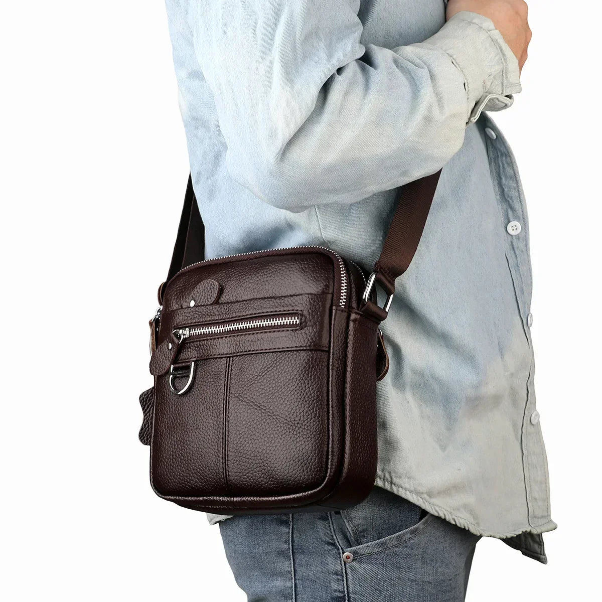 Men’s Leather Crossbody Bag - Padded Strap Front Pocket