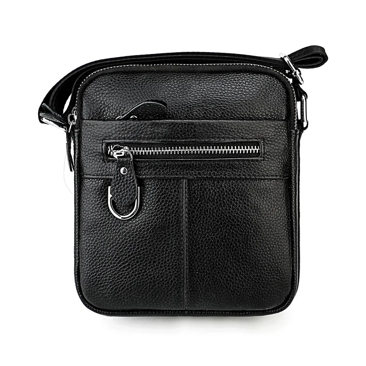 Men’s Leather Crossbody Bag - Padded Strap Front Pocket - Black