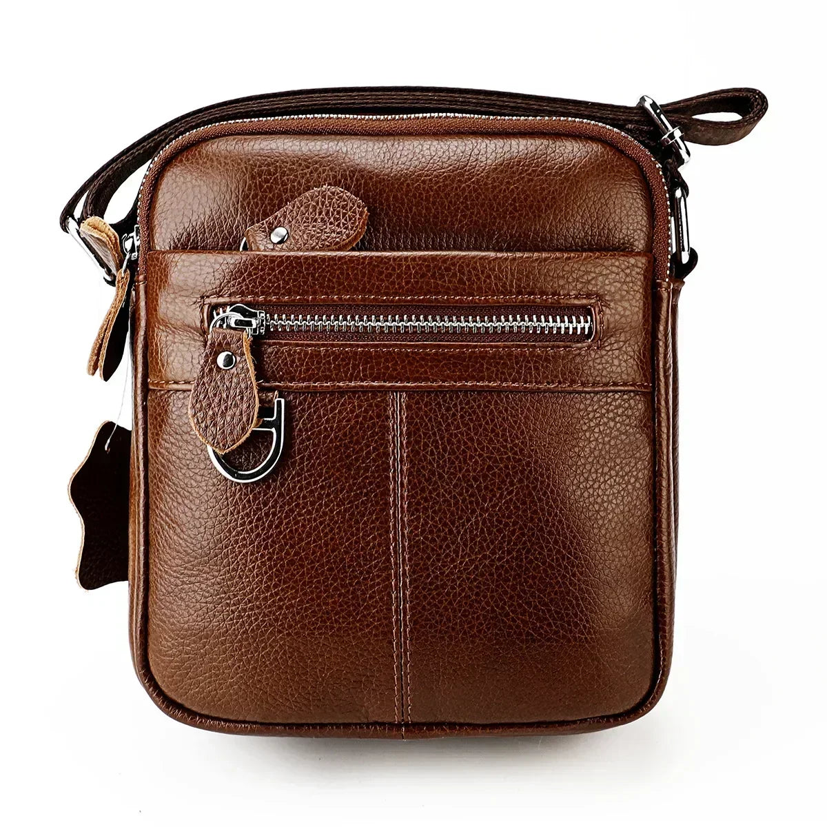 Men’s Leather Crossbody Bag - Padded Strap Front Pocket - Brown