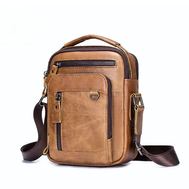 Men’s Leather Crossbody Bag – Small Multi-Pocket Everyday Carry - Brown