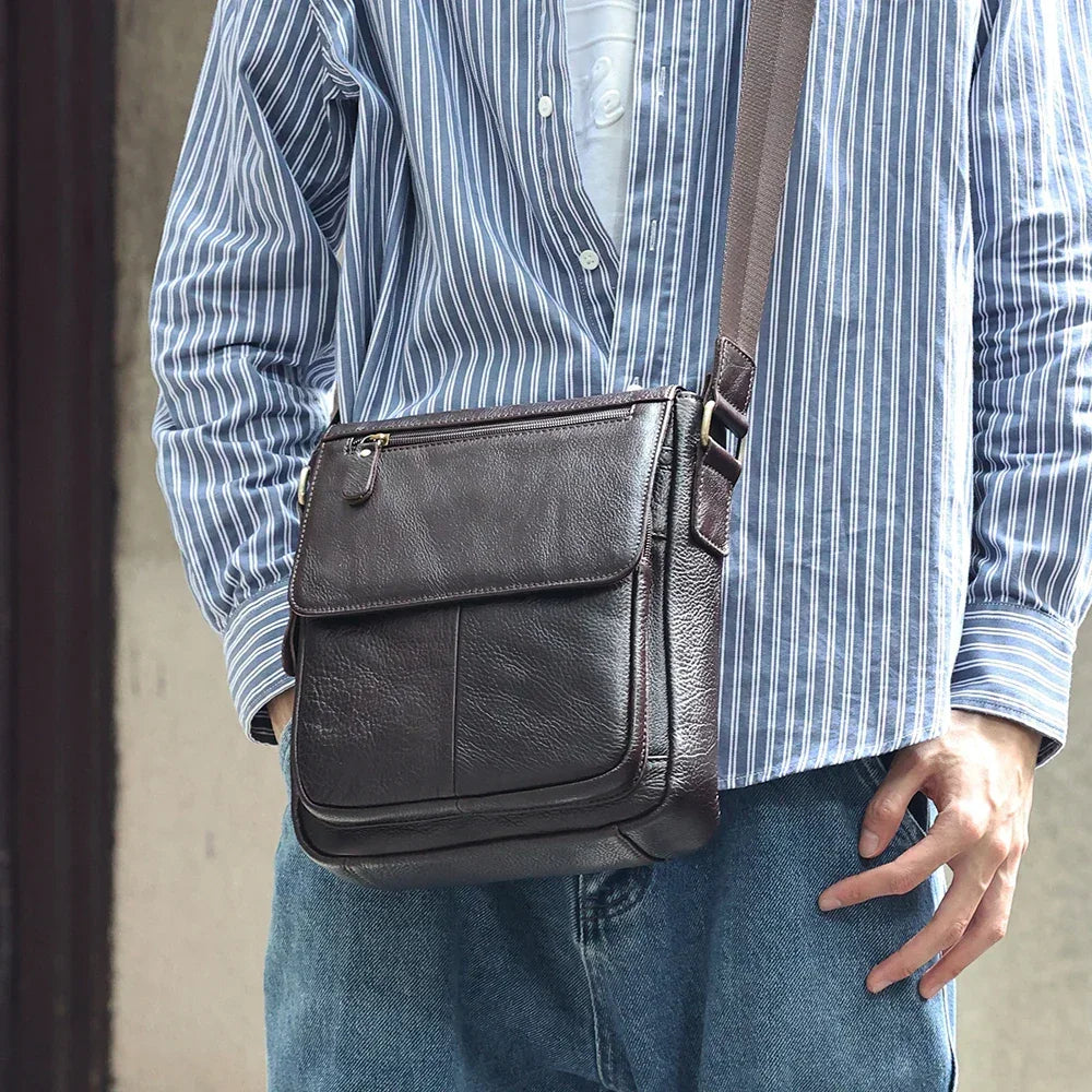 Men’s Leather Crossbody Bag - Vertical Flap Shoulder Bag