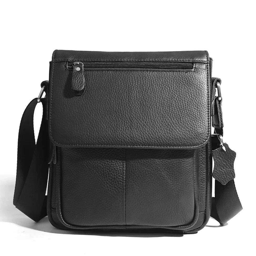 Men’s Leather Crossbody Bag - Vertical Flap Shoulder Bag - Black