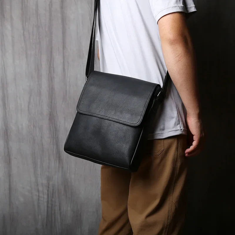 Men’s Leather Crossbody Bag - Vertical Flap Tablet Bag