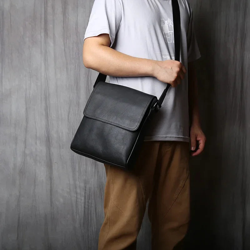 Men’s Leather Crossbody Bag - Vertical Flap Tablet Bag