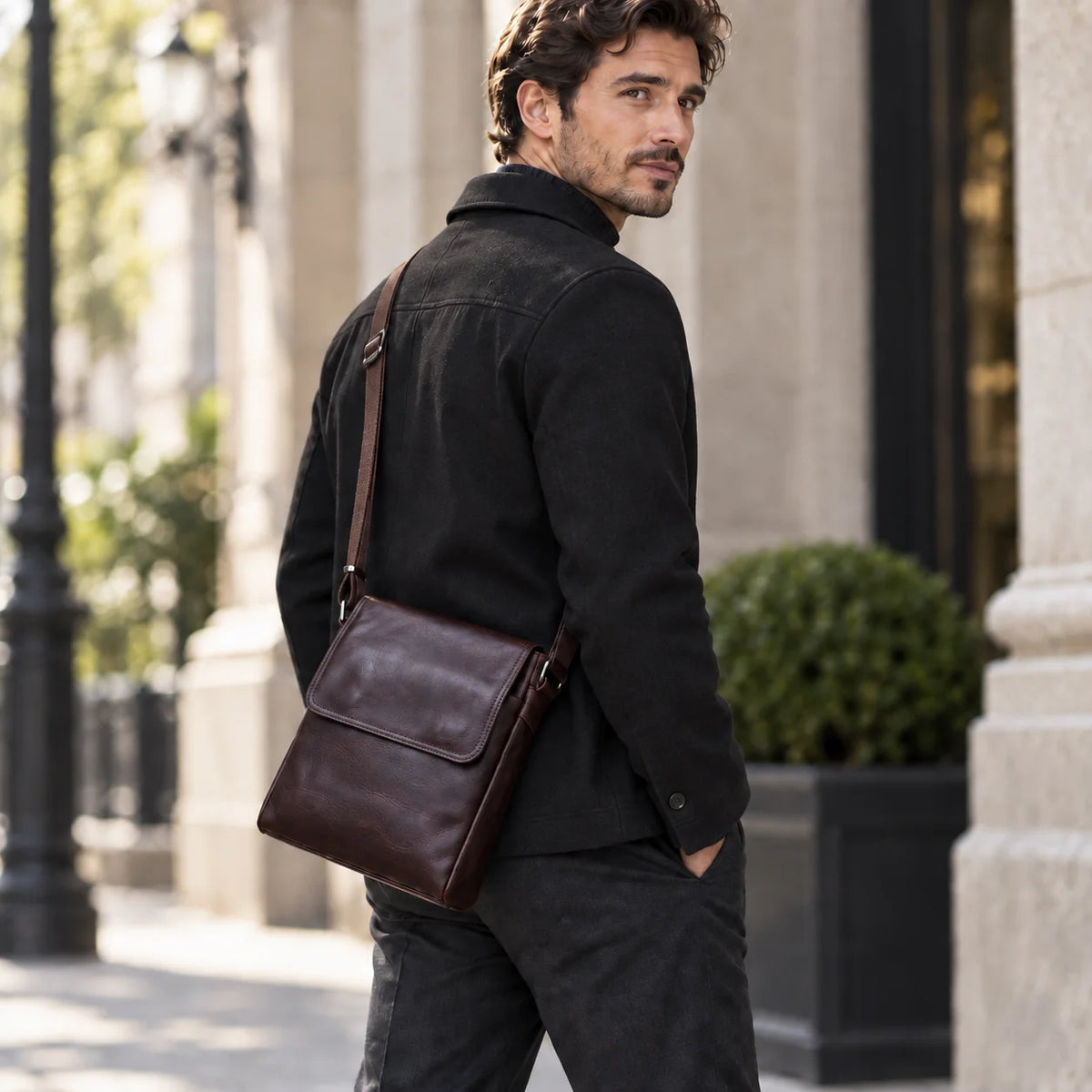 Men’s Leather Crossbody Bag - Vertical Flap Tablet Bag