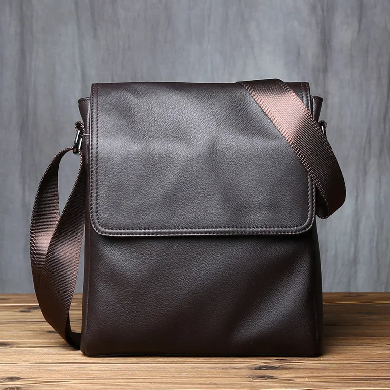 Men’s Leather Crossbody Bag - Vertical Flap Tablet Bag - Coffee