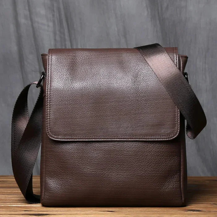 Men’s Leather Crossbody Bag - Vertical Flap Tablet Bag - Dark brown