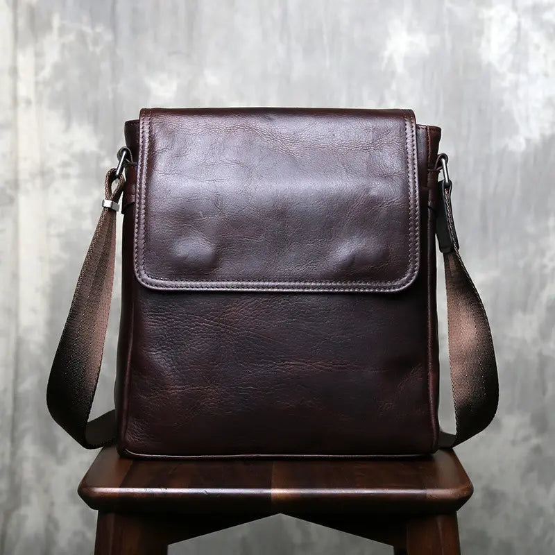 Men’s Leather Crossbody Bag - Vertical Flap Tablet Bag - Dark brown