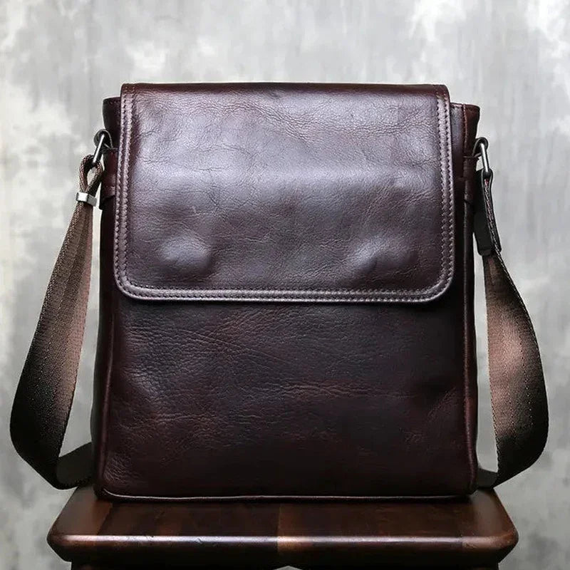 Men’s Leather Crossbody Bag - Vertical Flap Tablet Bag - Dark brown