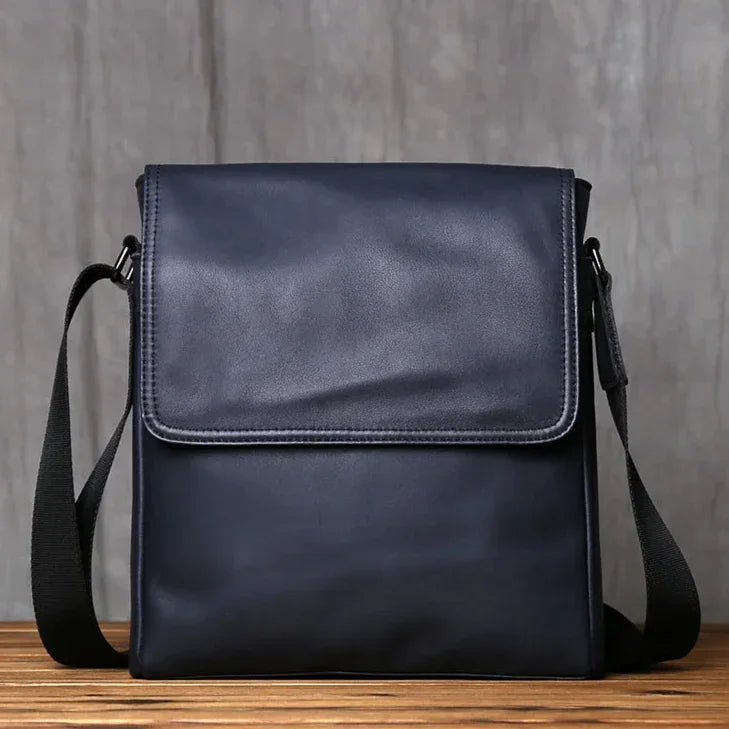 Men’s Leather Crossbody Bag - Vertical Flap Tablet Bag - Navy