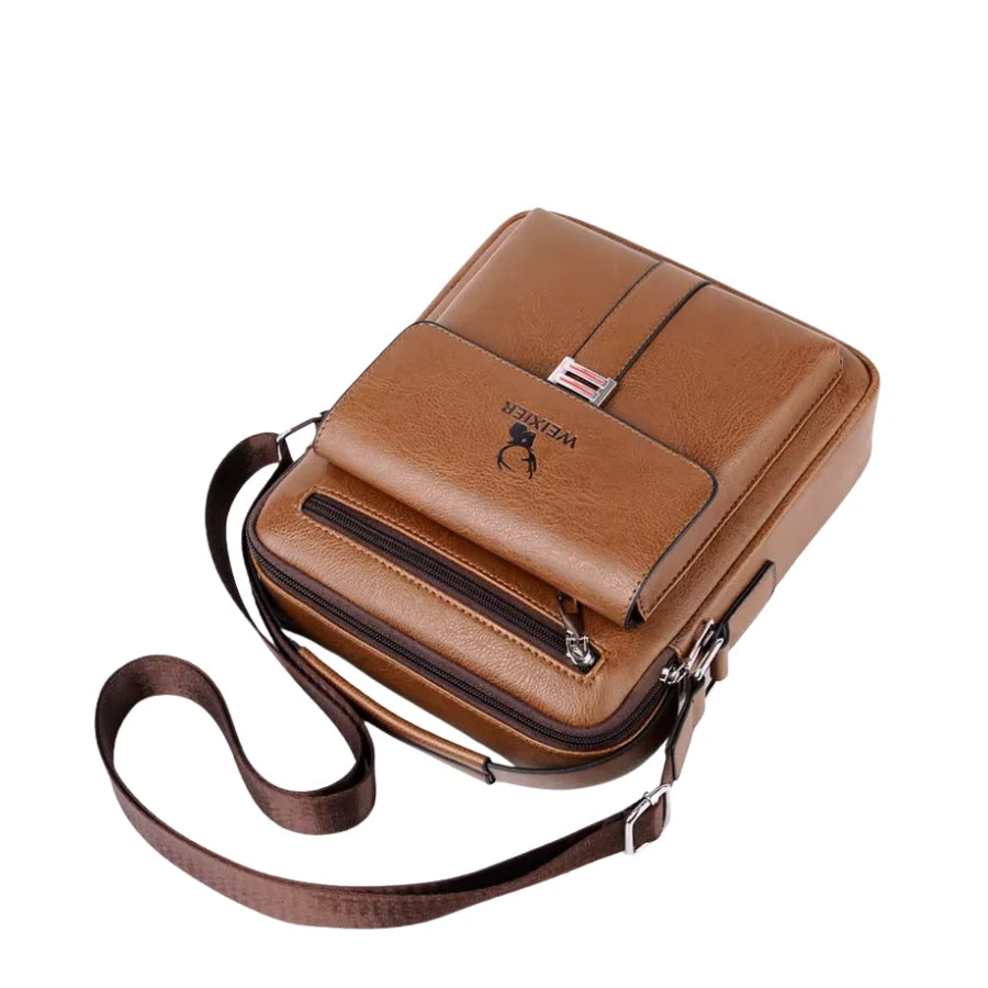 Men’s Leather Crossbody Bag - Vertical Multi-Pocket Shoulder Bag