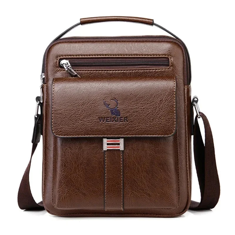 Men’s Leather Crossbody Bag - Vertical Multi-Pocket Shoulder Bag