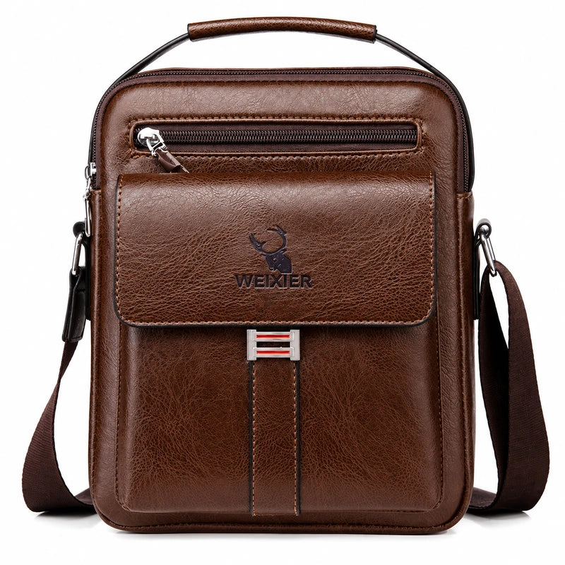 Men’s Leather Crossbody Bag - Vertical Multi-Pocket Shoulder Bag