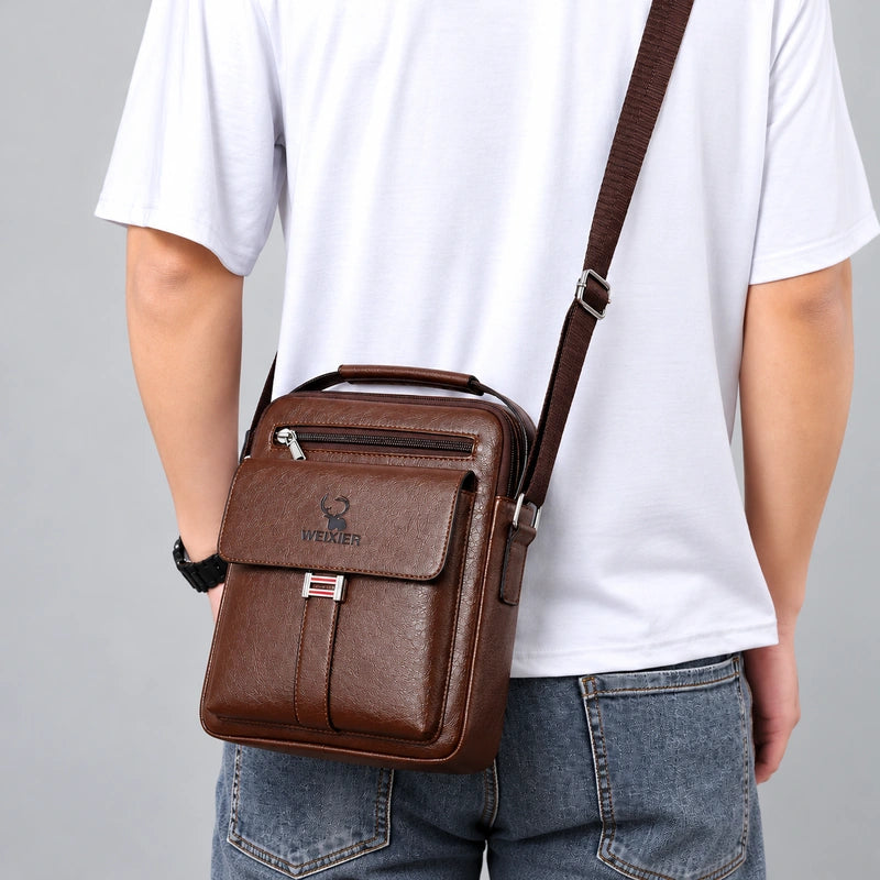 Men’s Leather Crossbody Bag - Vertical Multi-Pocket Shoulder Bag