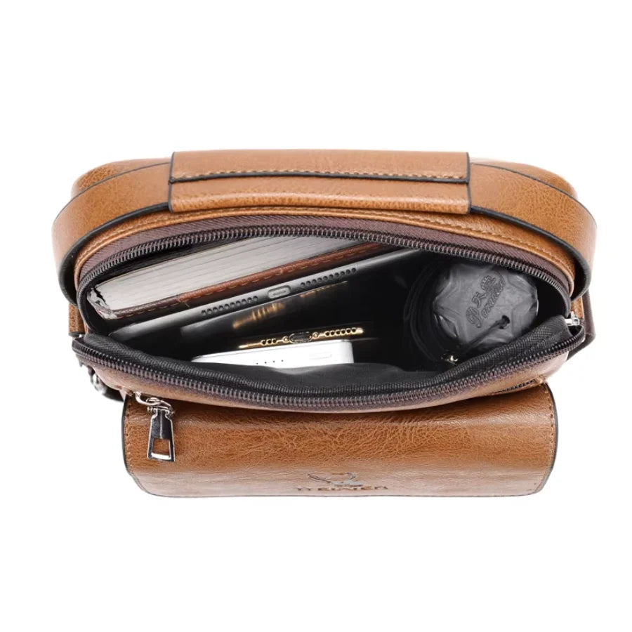 Men’s Leather Crossbody Bag - Vertical Multi-Pocket Shoulder Bag