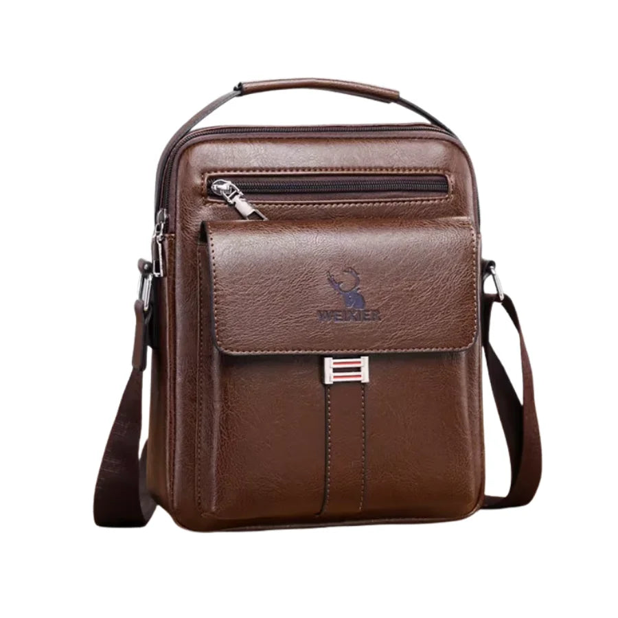 Men’s Leather Crossbody Bag - Vertical Multi-Pocket Shoulder Bag