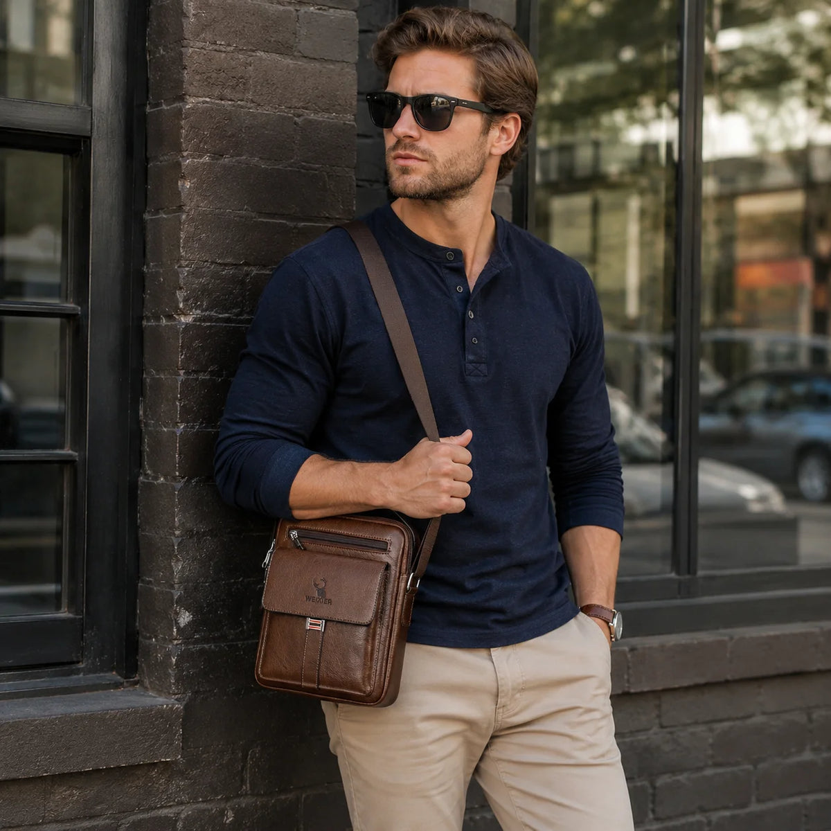 Men’s Leather Crossbody Bag - Vertical Multi-Pocket Shoulder Bag