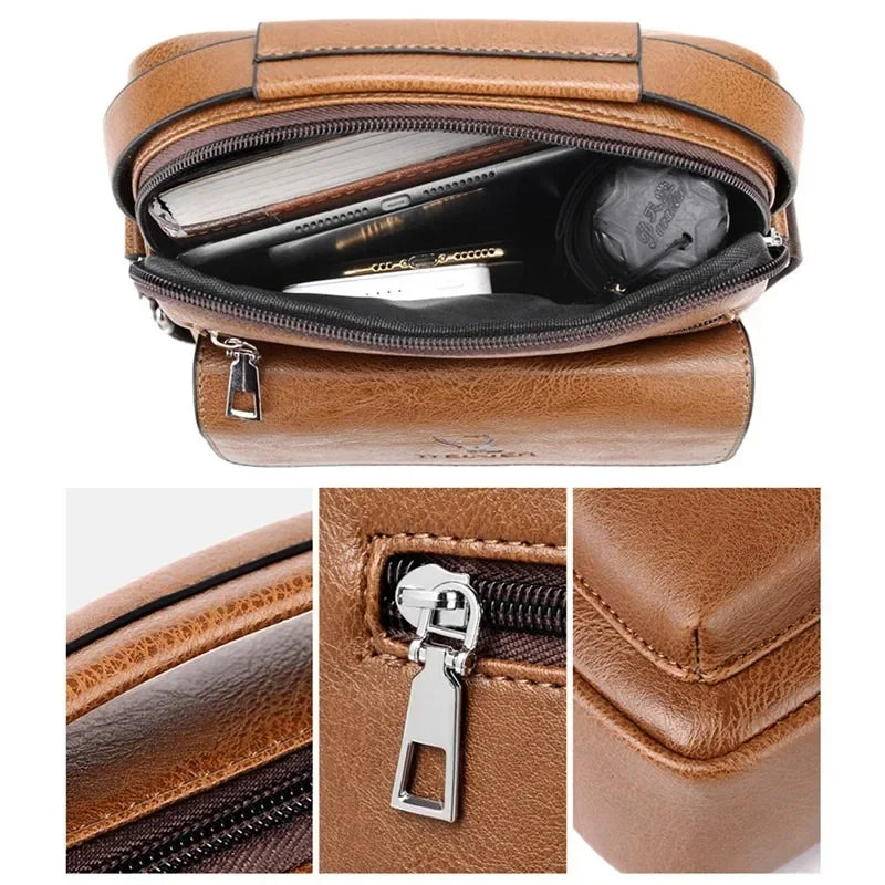 Men’s Leather Crossbody Bag - Vertical Multi-Pocket Shoulder Bag