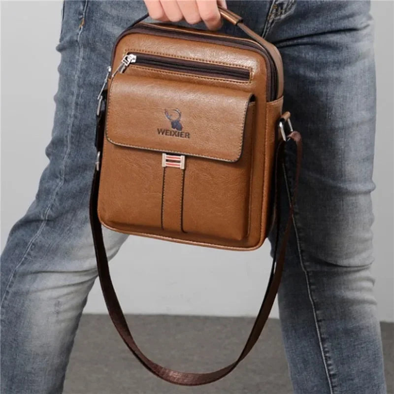 Men’s Leather Crossbody Bag - Vertical Multi-Pocket Shoulder Bag