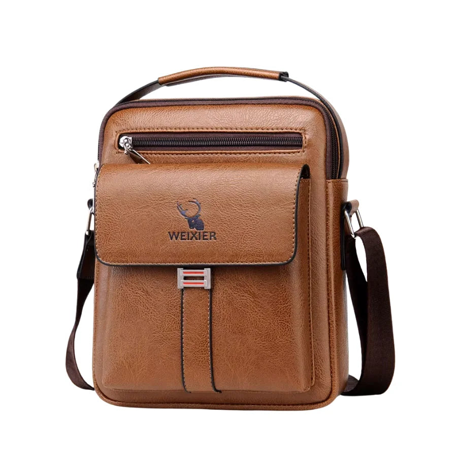 Men’s Leather Crossbody Bag - Vertical Multi-Pocket Shoulder Bag - Brown