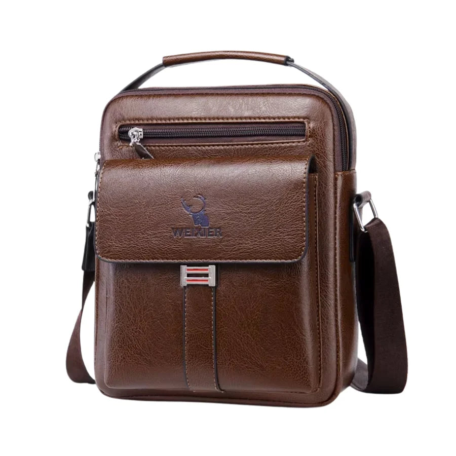 Men’s Leather Crossbody Bag - Vertical Multi-Pocket Shoulder Bag - Dark Brown
