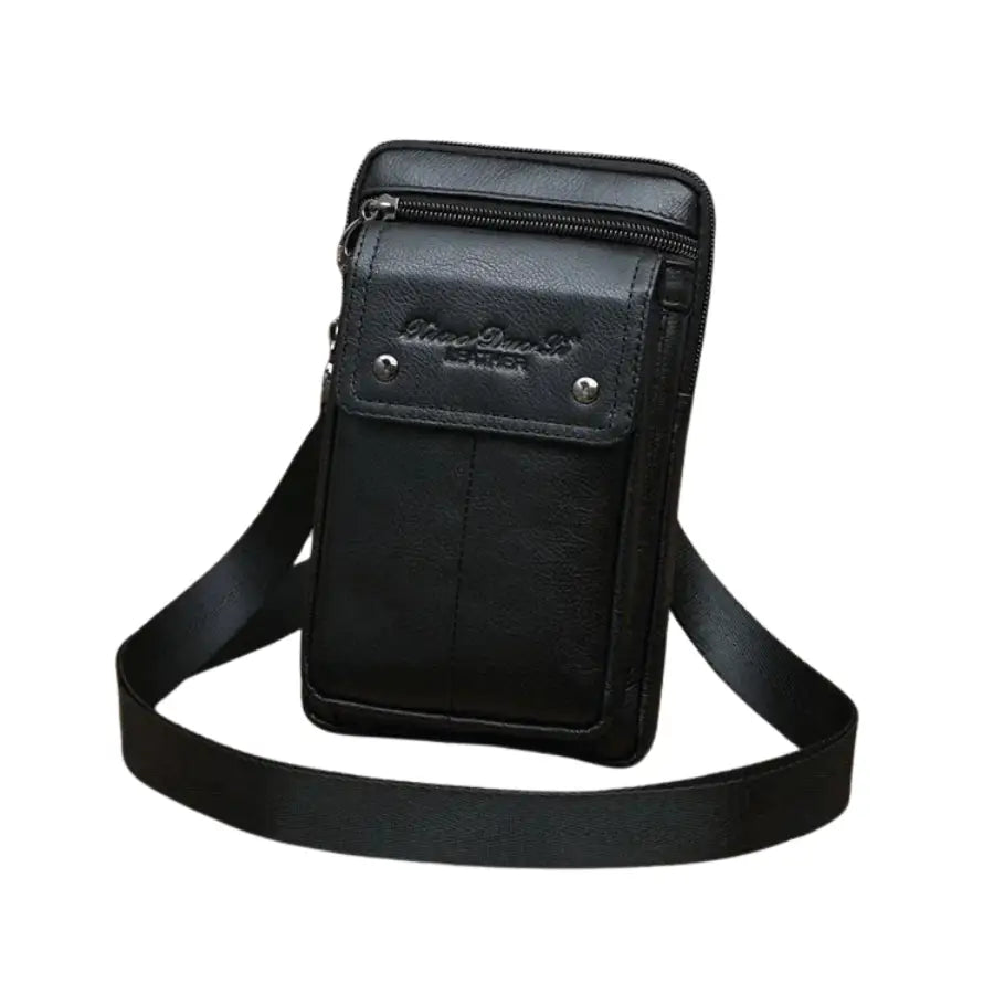 Men’s Leather Crossbody Bag – Vertical Phone Carry - Black
