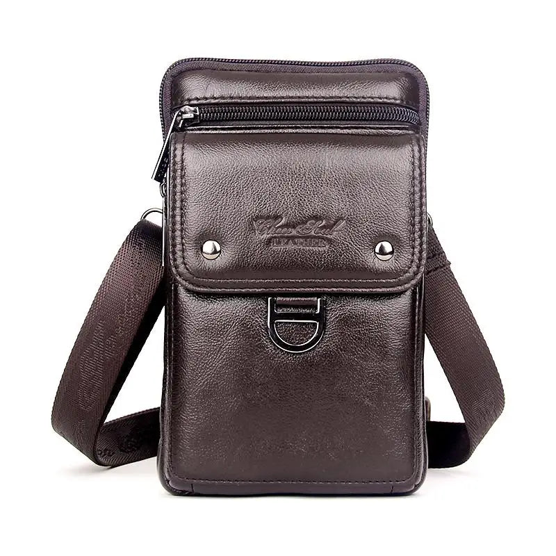Men’s Leather Crossbody Bag – Vertical Phone Carry - Dark brown