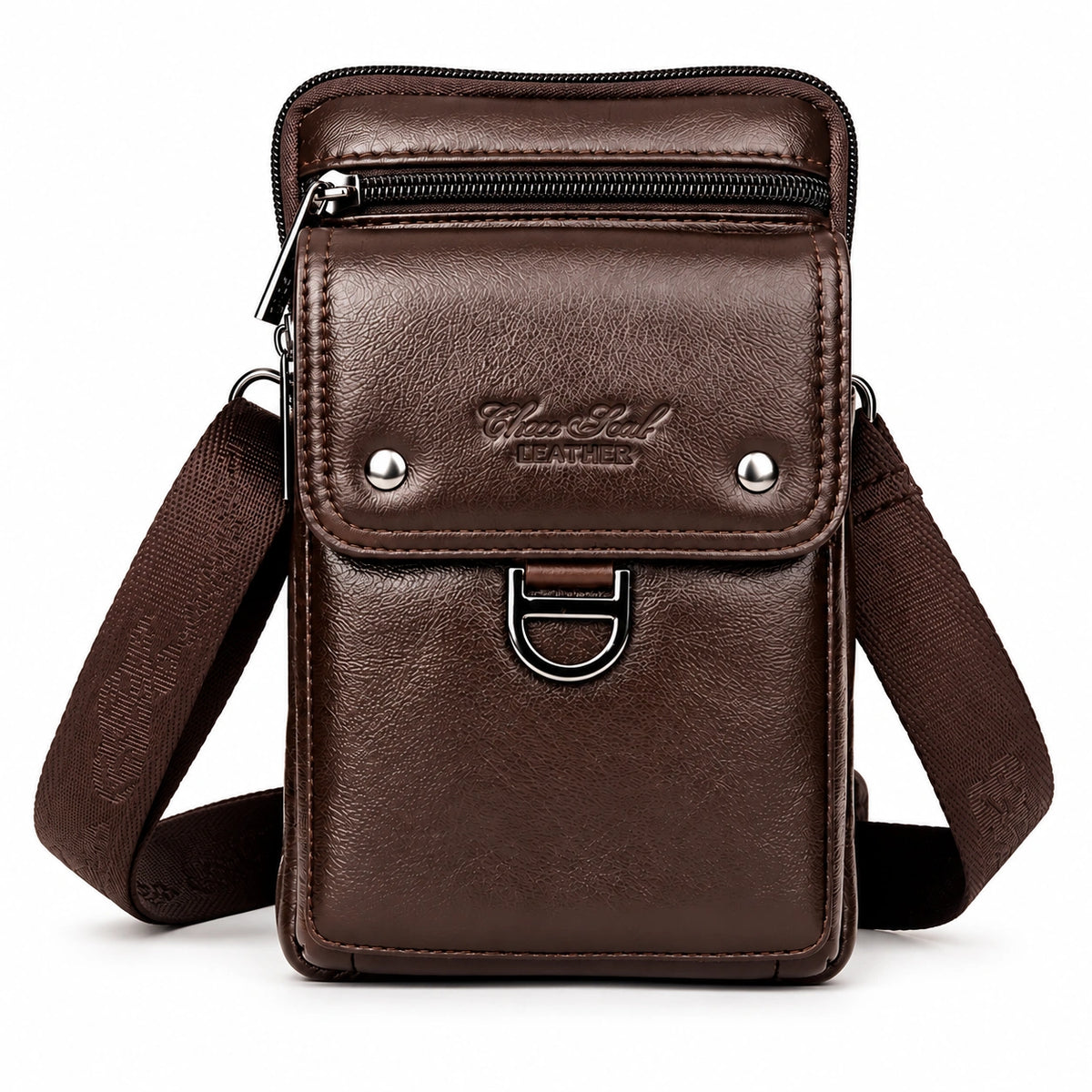 Men’s Leather Crossbody Bag – Vertical Phone Carry - Dark brown