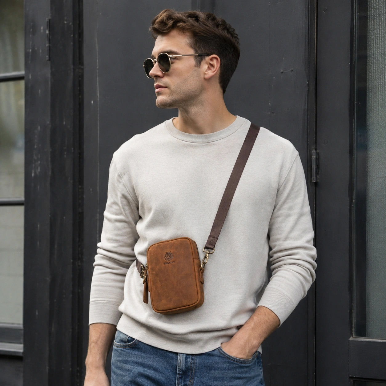 Men’s Leather Crossbody Bag - Vertical Phone Pocket Carry
