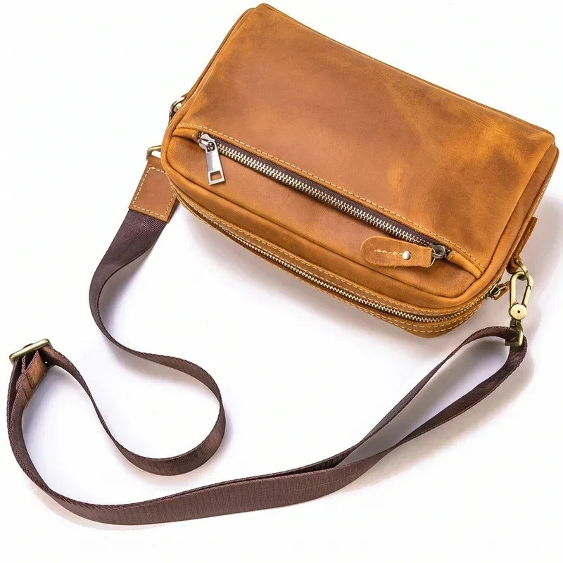 Men’s Leather Crossbody Clutch - Front Zip Pocket Bag with Wrist Strap