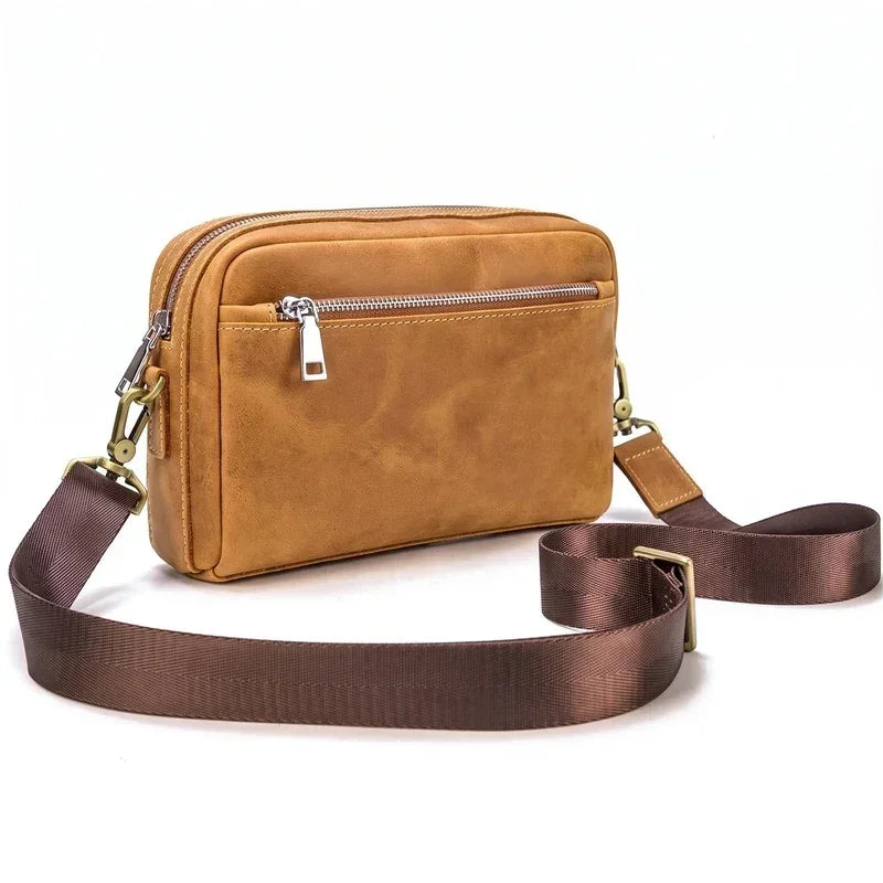 Men’s Leather Crossbody Clutch - Front Zip Pocket Bag with Wrist Strap