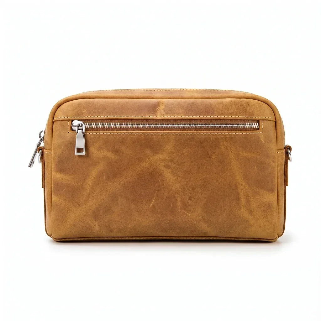 Men’s Leather Crossbody Clutch - Front Zip Pocket Bag with Wrist Strap