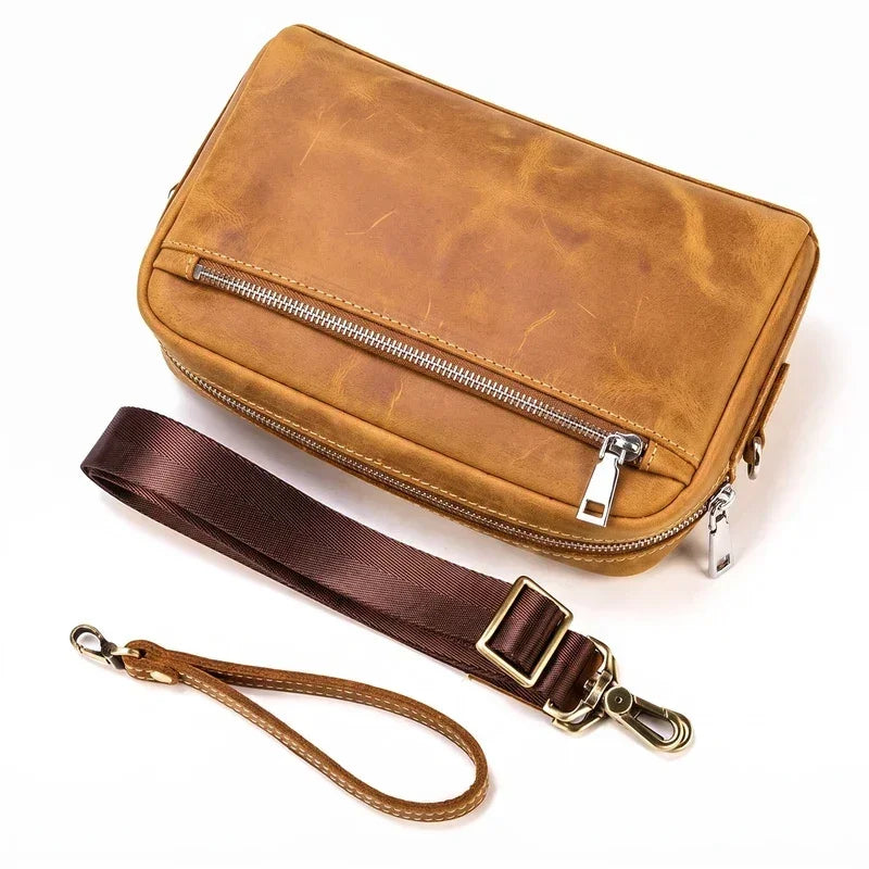 Men’s Leather Crossbody Clutch - Front Zip Pocket Bag with Wrist Strap