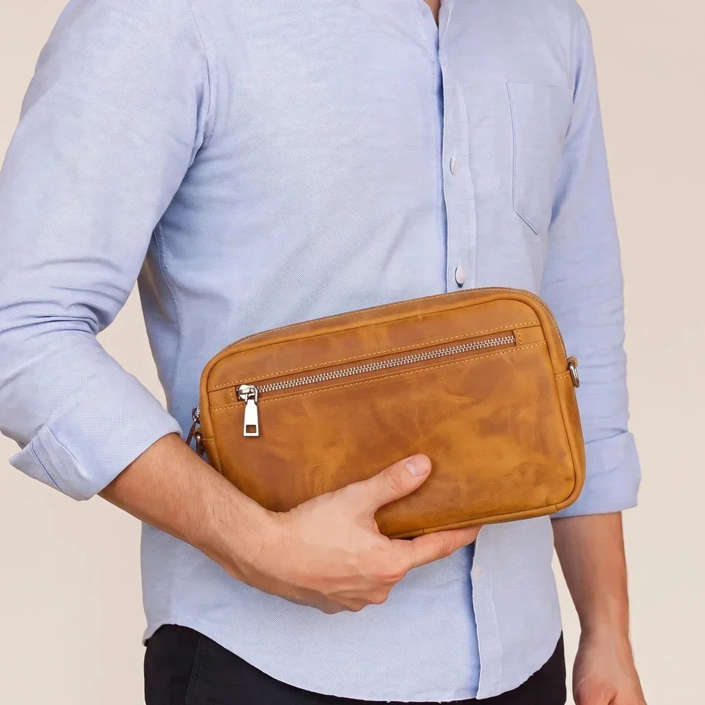 Men’s Leather Crossbody Clutch - Front Zip Pocket Bag with Wrist Strap