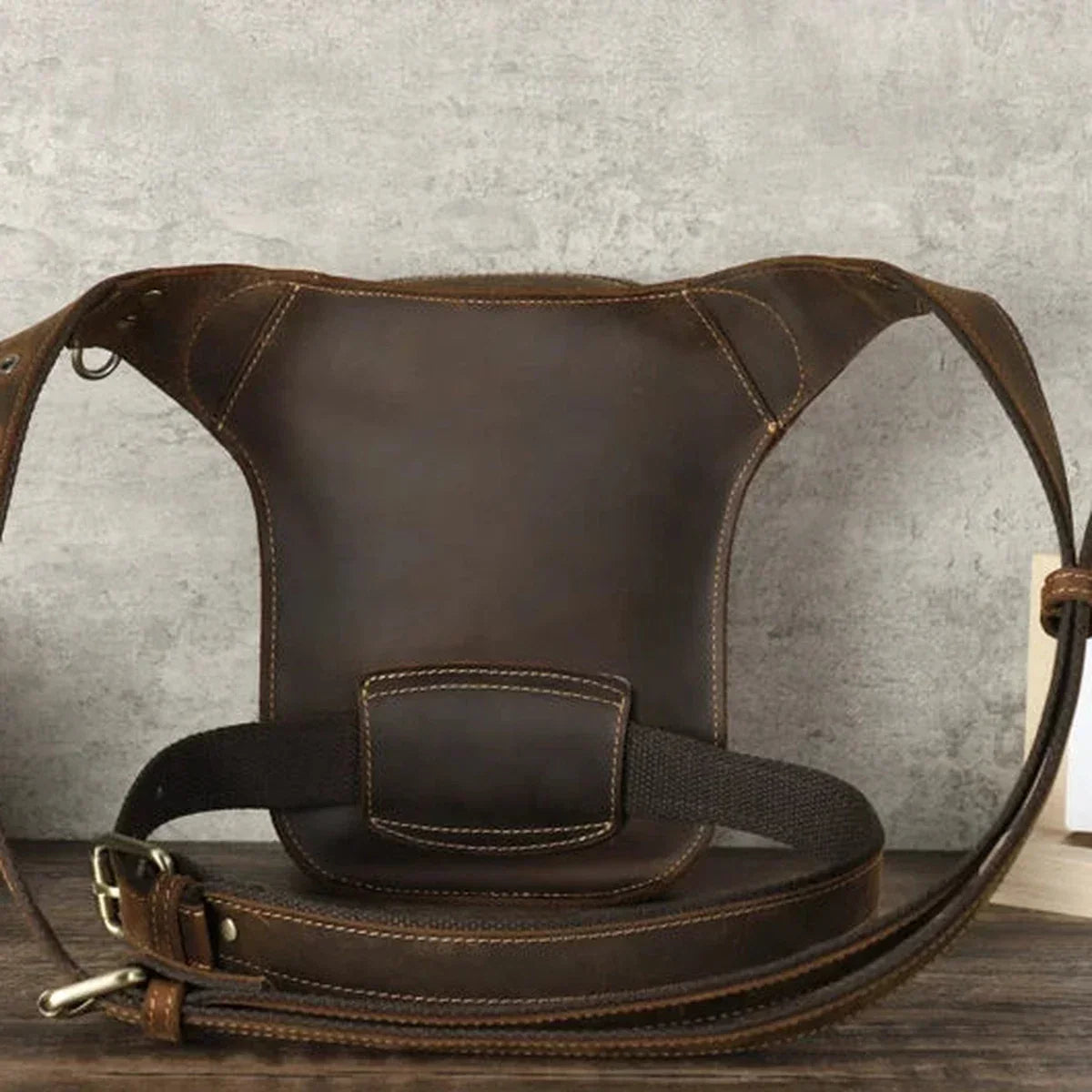 Men’s Leather Drop Leg Bag - Crazy Horse Thigh Bag with Belt - Coffee