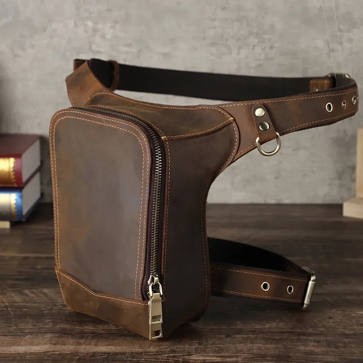 Men’s Leather Drop Leg Bag - Crazy Horse Thigh Bag with Belt - Coffee