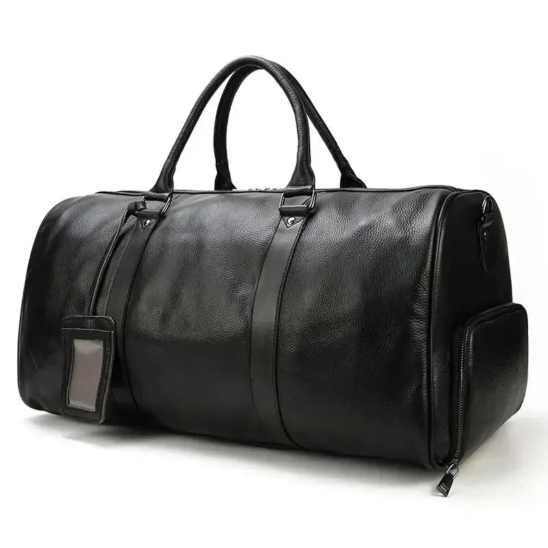 Men’s Leather Duffel Bag – Large Capacity with Shoe Compartment - Black
