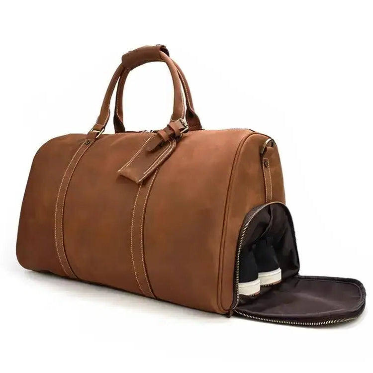 Men’s Leather Duffel Bag – Large Capacity with Shoe Compartment - Brown