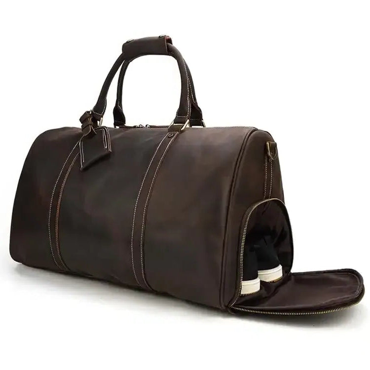 Men’s Leather Duffel Bag – Large Capacity with Shoe Compartment - Dark brown