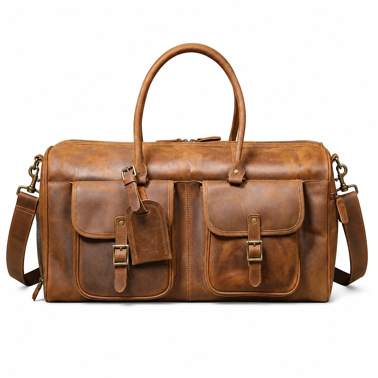Men’s Leather Duffle Bag - Crazy Horse Front Pocket Weekender