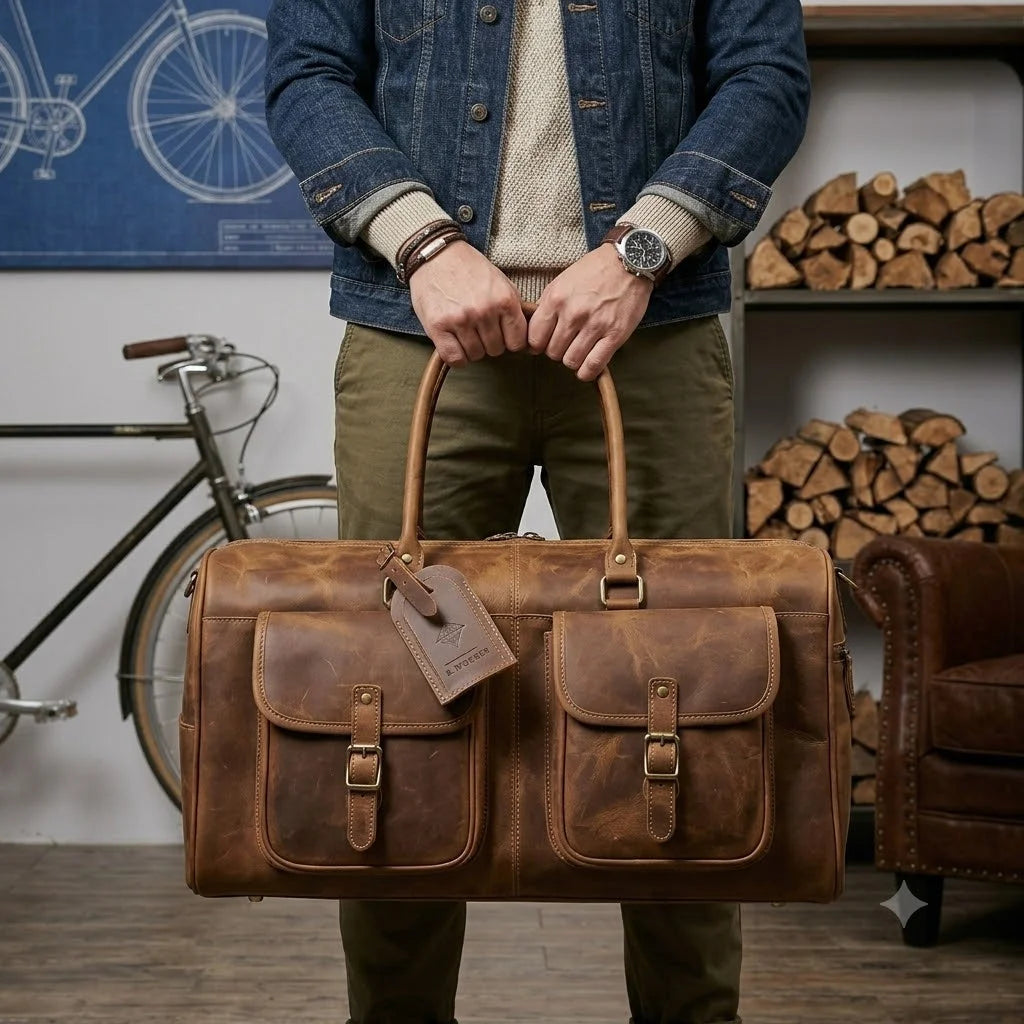 Men’s Leather Duffle Bag - Crazy Horse Front Pocket Weekender