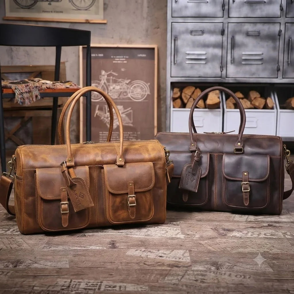 Men’s Leather Duffle Bag - Crazy Horse Front Pocket Weekender