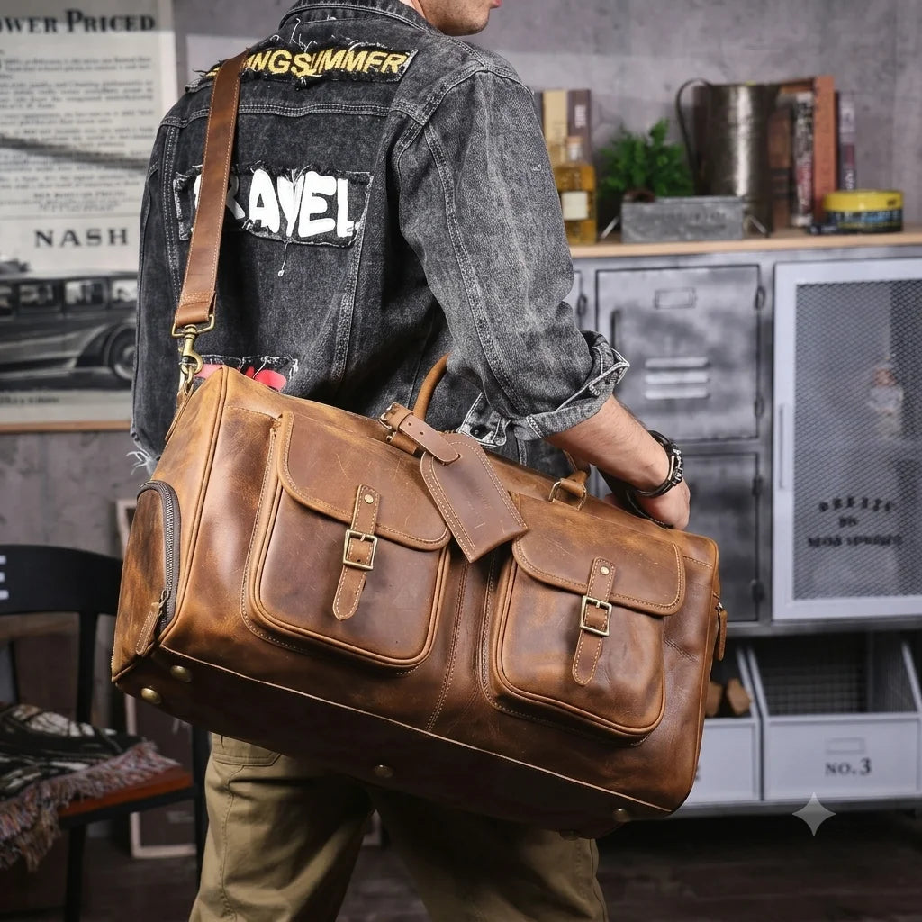Men’s Leather Duffle Bag - Crazy Horse Front Pocket Weekender