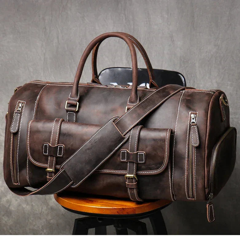 Men’s Leather Duffle Bag - Crazy Horse Shoe Pocket Weekender