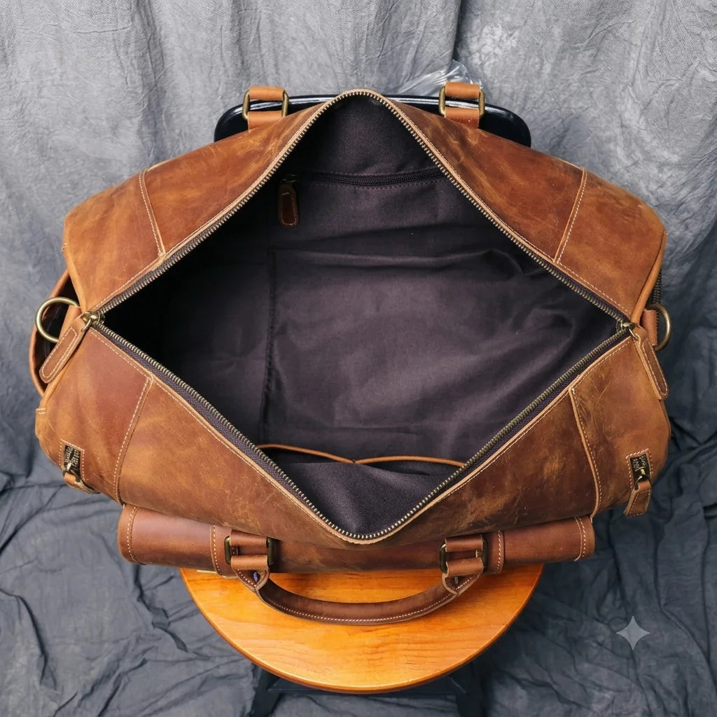 Men’s Leather Duffle Bag - Crazy Horse Shoe Pocket Weekender