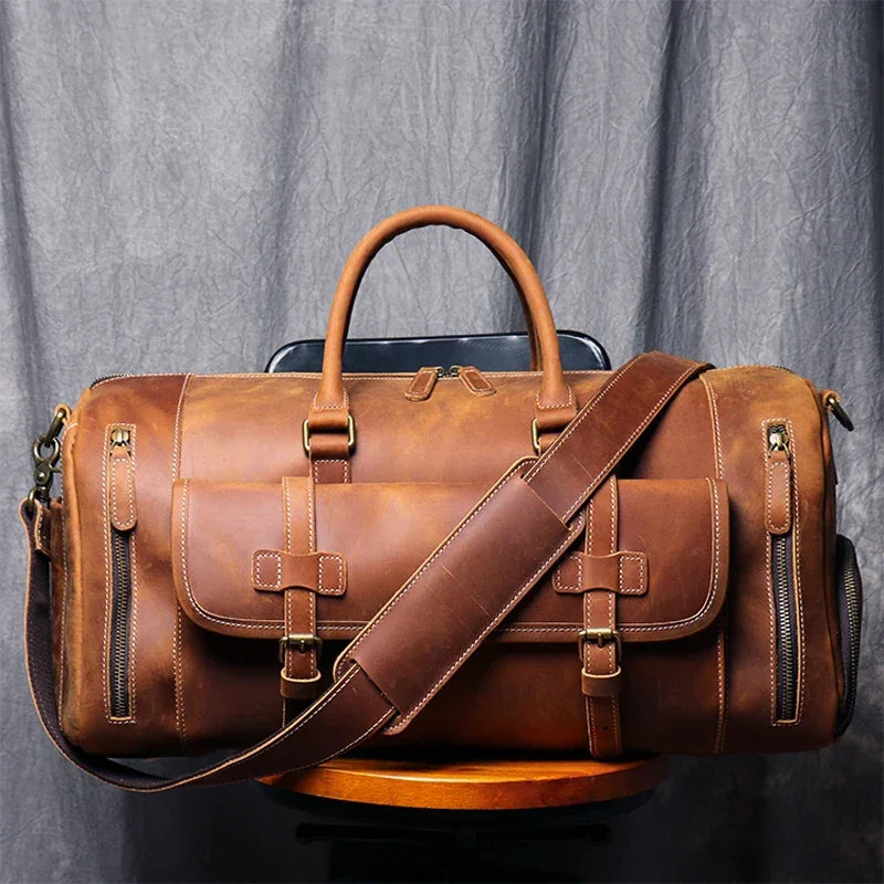 Men’s Leather Duffle Bag - Crazy Horse Shoe Pocket Weekender