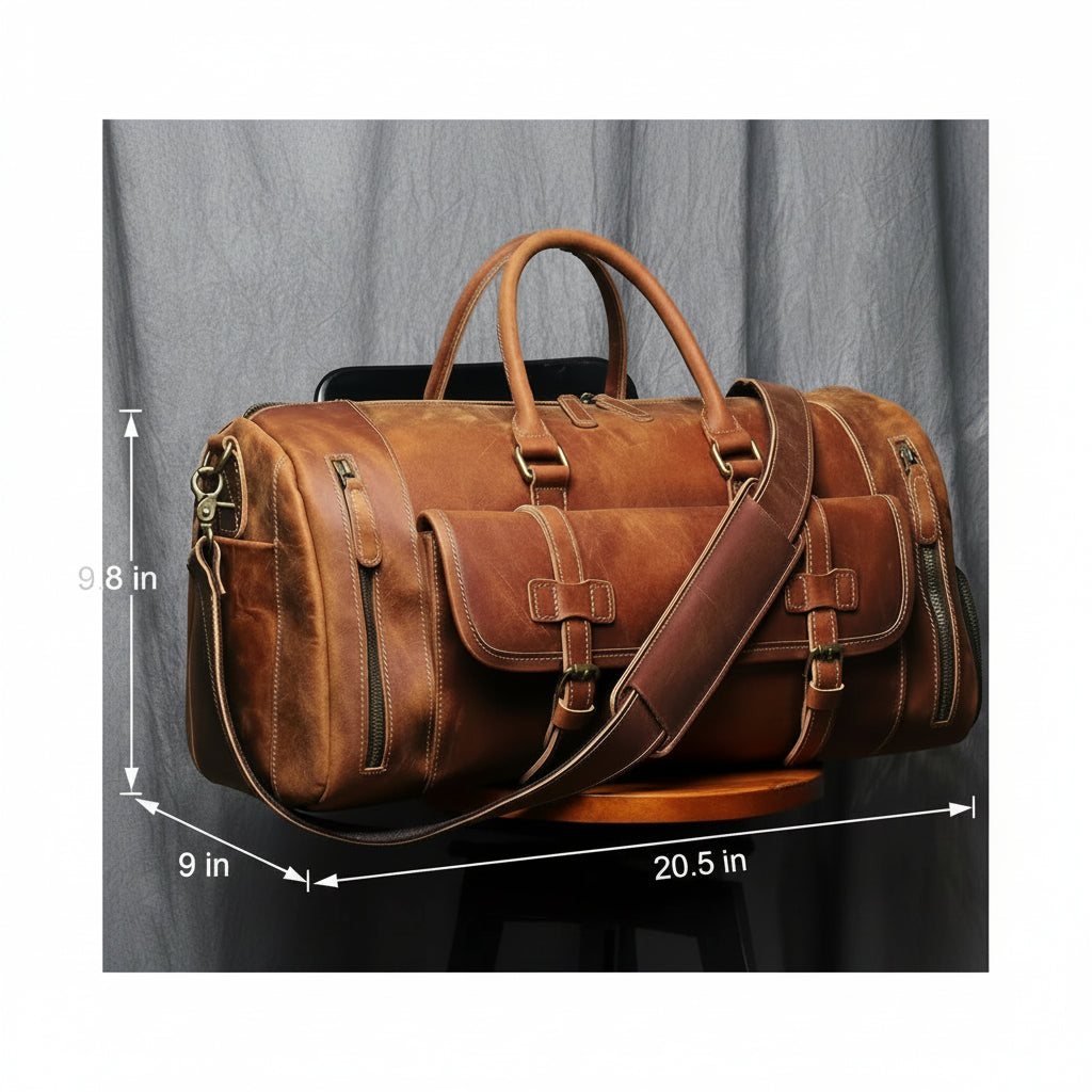 Men’s Leather Duffle Bag - Crazy Horse Shoe Pocket Weekender