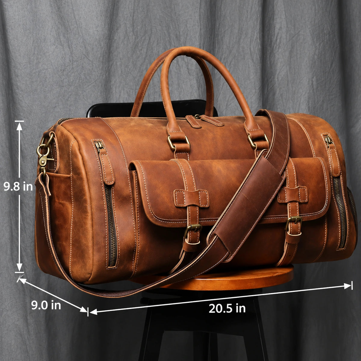 Men’s Leather Duffle Bag - Crazy Horse Shoe Pocket Weekender